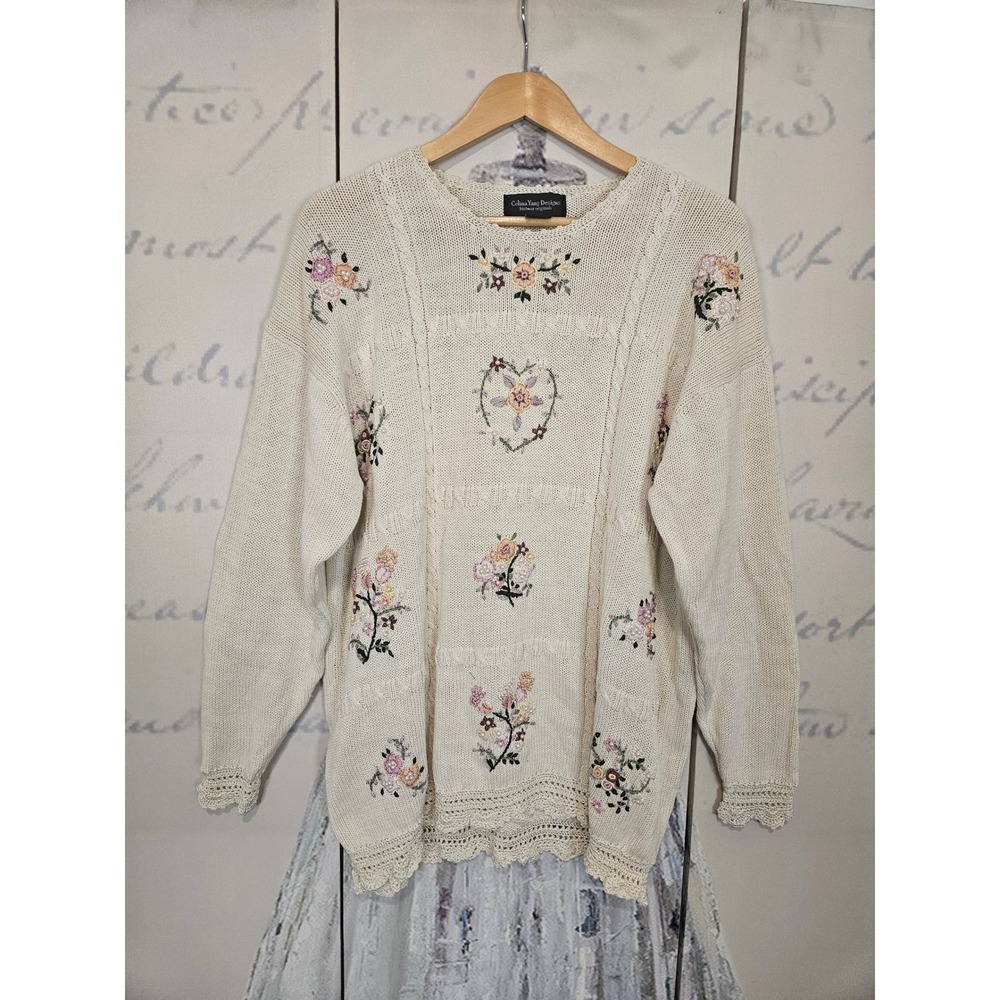 Vintage Celina Yang Designs 2X Floral Embroidered Pearl Knit Sweater Cream
